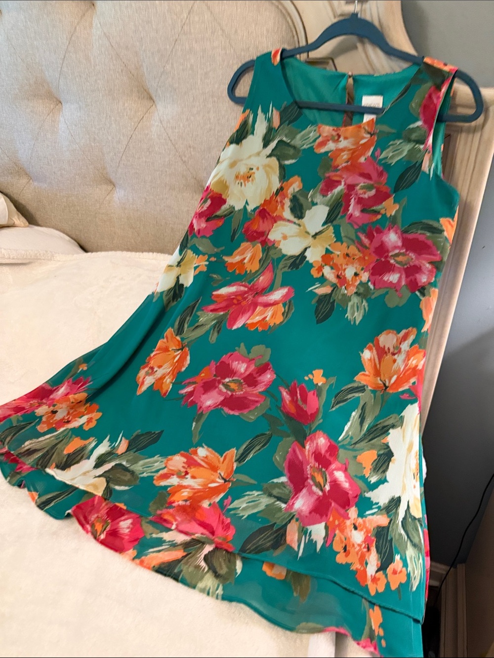 Chico's Teal Floral Mini Dress with Pink & Orange Blooms